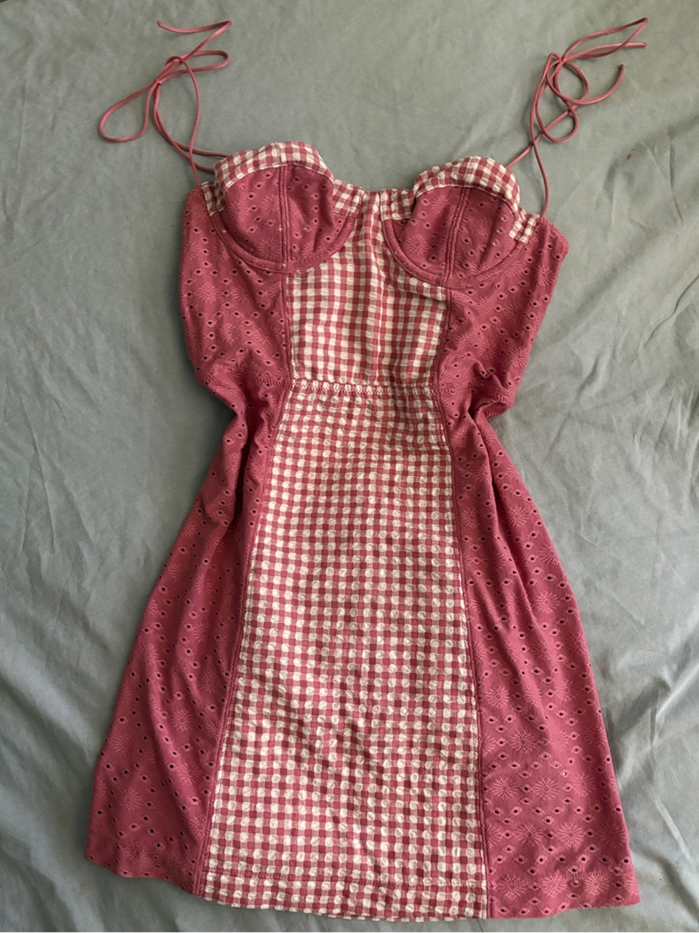 Urban Outfitters Pink Gingham & Eyelet Tie-Strap Mini Dress